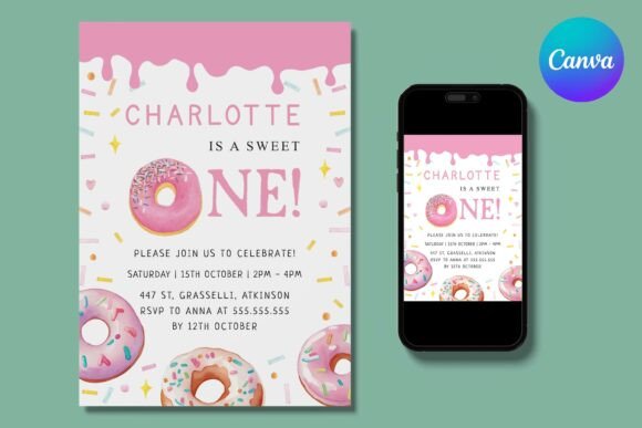 Adorable Sweet One Donut Pink Birthday Invitation Templates